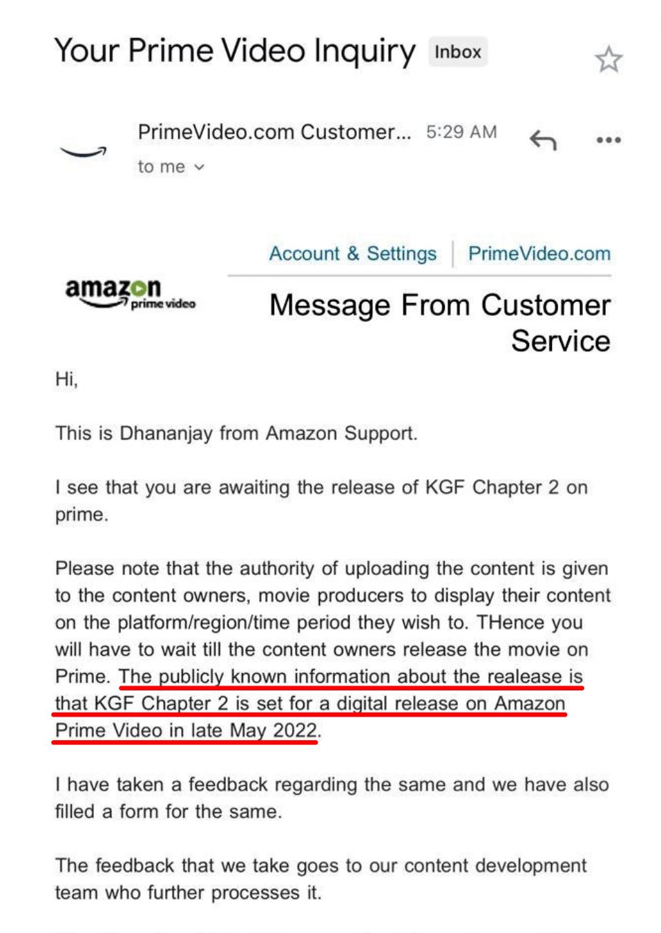 KGF Prime Video email